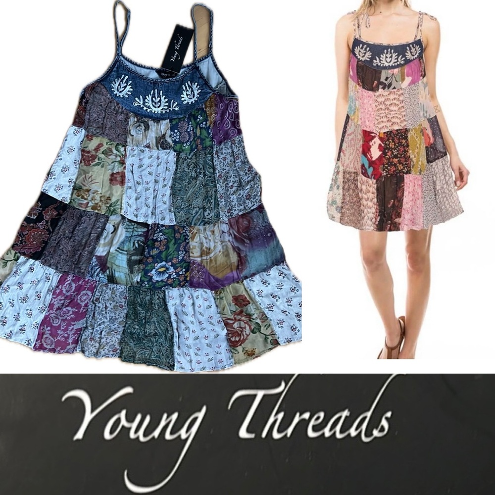 👗NEW Babydoll Patchwork Spaghetti Dress Bohemian China Cat Sundress | Large